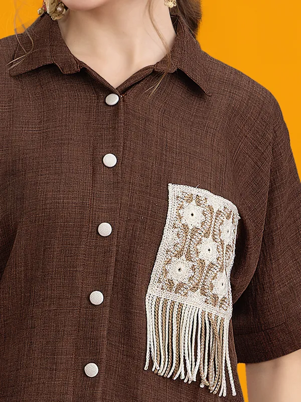 Brown silk palazzo co-ord with detailed embroidery