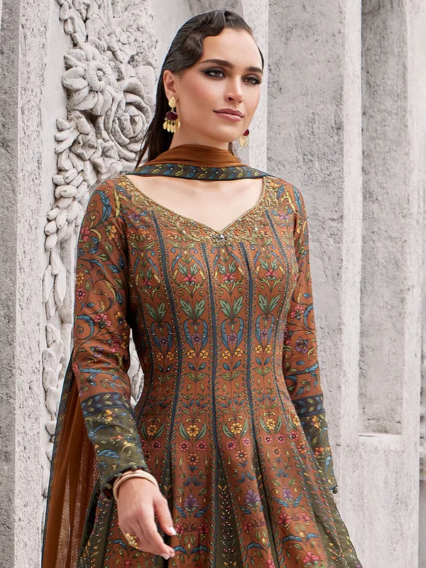 Brown silk palazzo suit with mirror and stone glamour