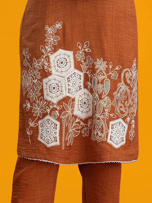 Brown silk pant set with cowrie and thread
