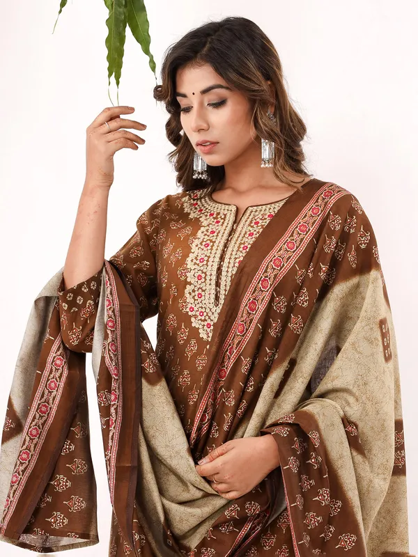Brown silk printed kurti set for casual