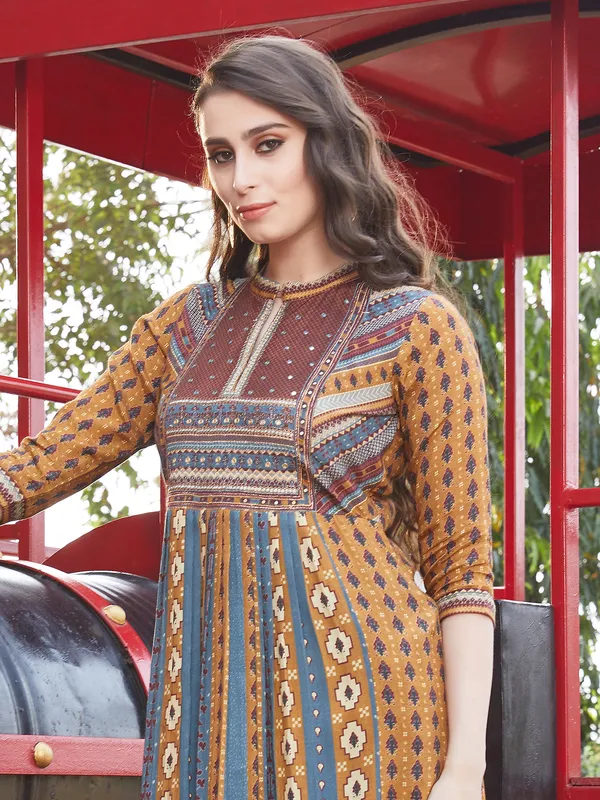 Brown silk printed kurti with pant