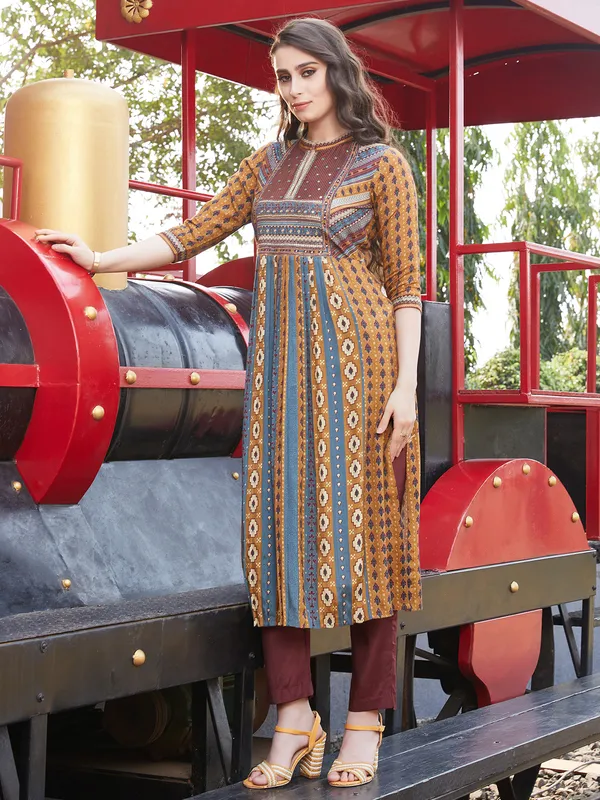 Brown silk printed kurti with pant