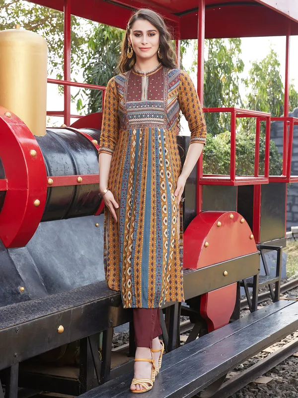 Brown silk printed kurti with pant