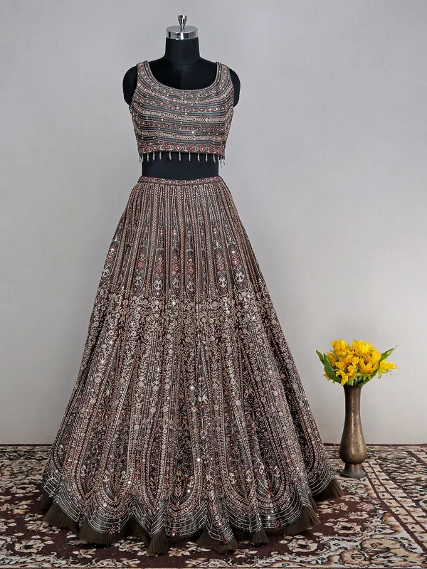Brown silk printed lehenga choli