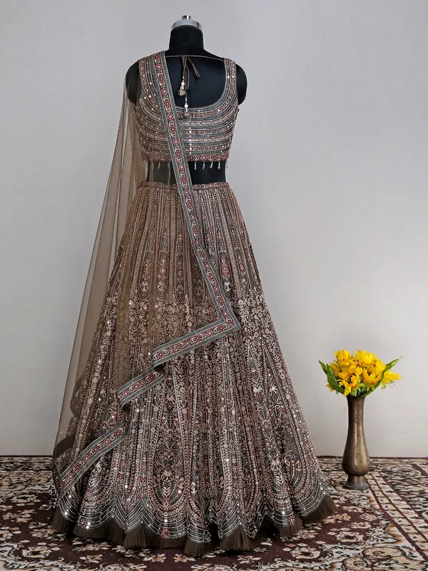 Brown silk printed lehenga choli