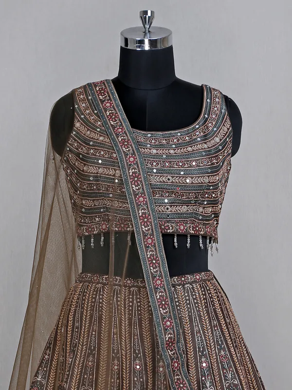 Brown silk printed lehenga choli