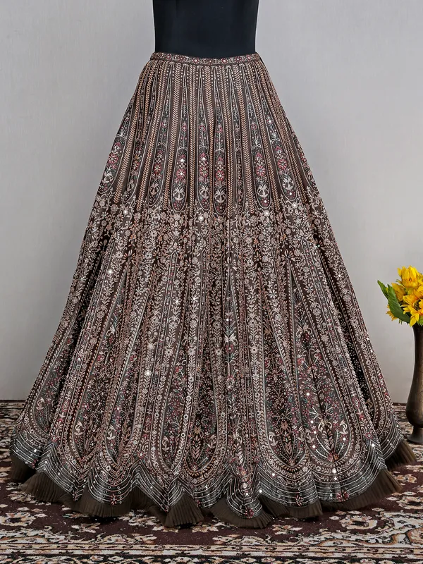 Brown silk printed lehenga choli