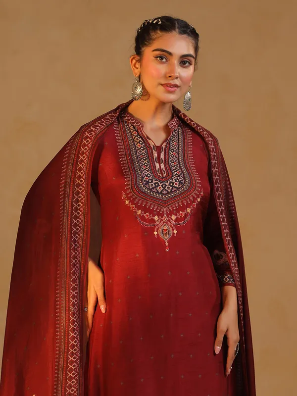 Brown silk printed salwar suit for festivals