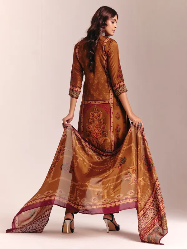 Brown silk printed salwar suit with dupatta