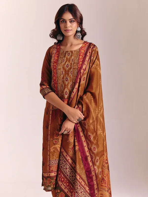 Brown silk printed salwar suit with dupatta