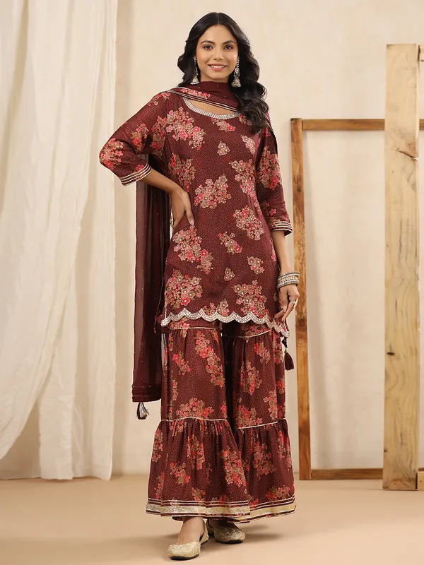 Brown silk printed sharara set
