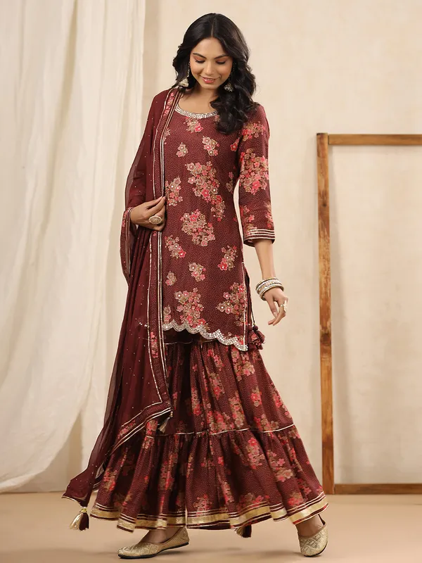 Brown silk printed sharara set