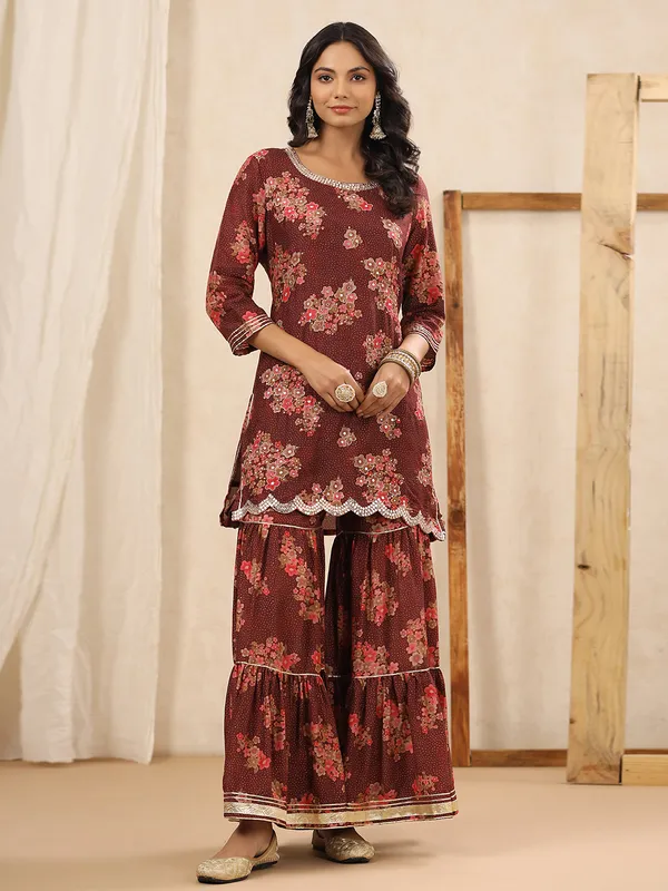 Brown silk printed sharara set
