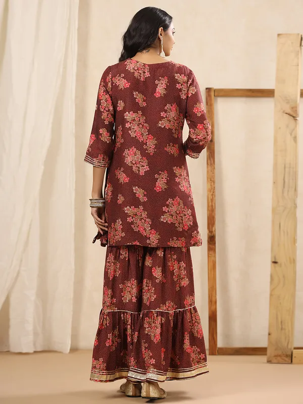 Brown silk printed sharara set
