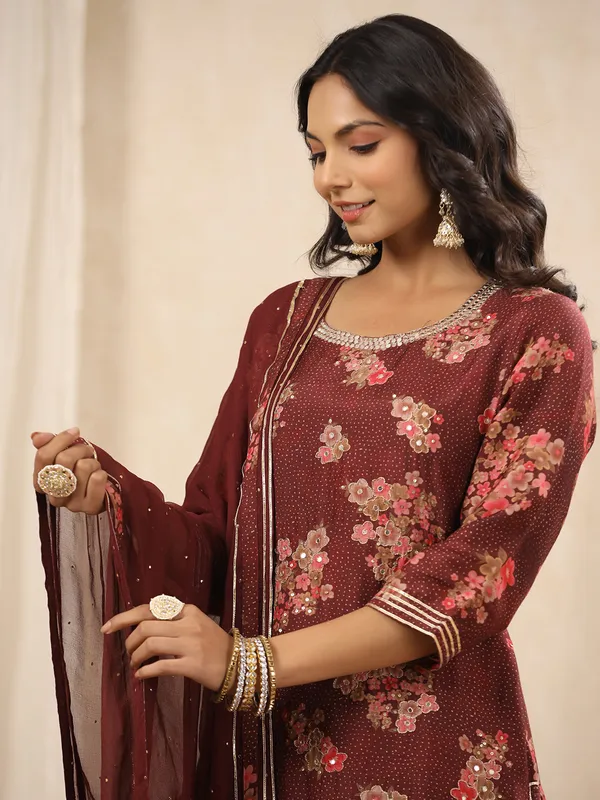 Brown silk printed sharara set