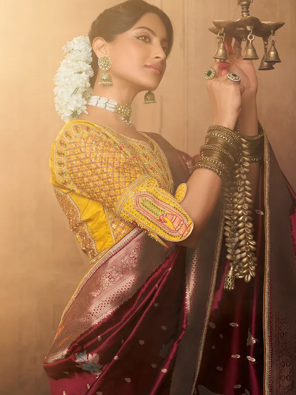 Brown silk saree for wedding celebration