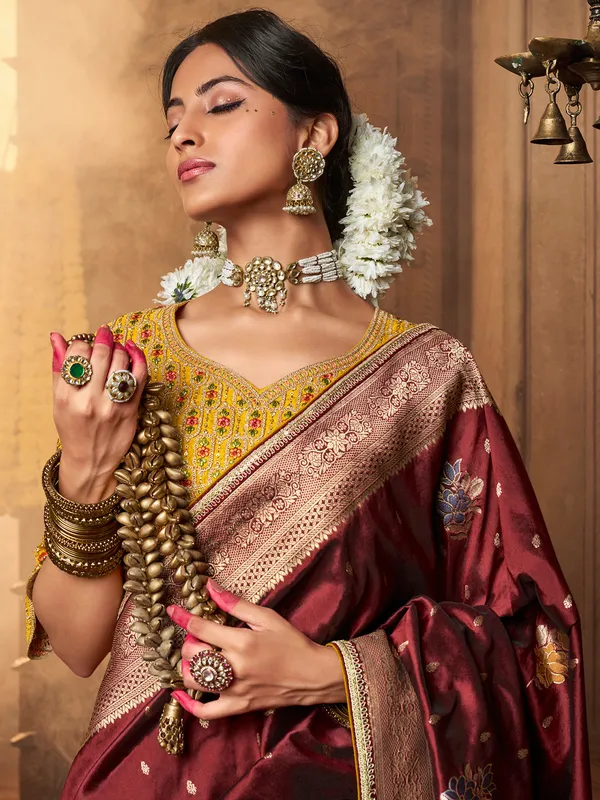 Brown silk saree for wedding celebration