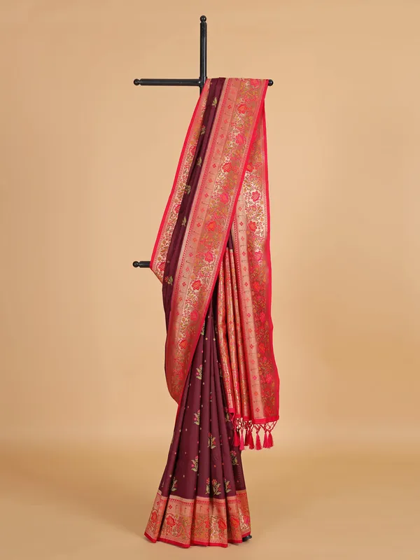 Brown silk saree with red contrast border