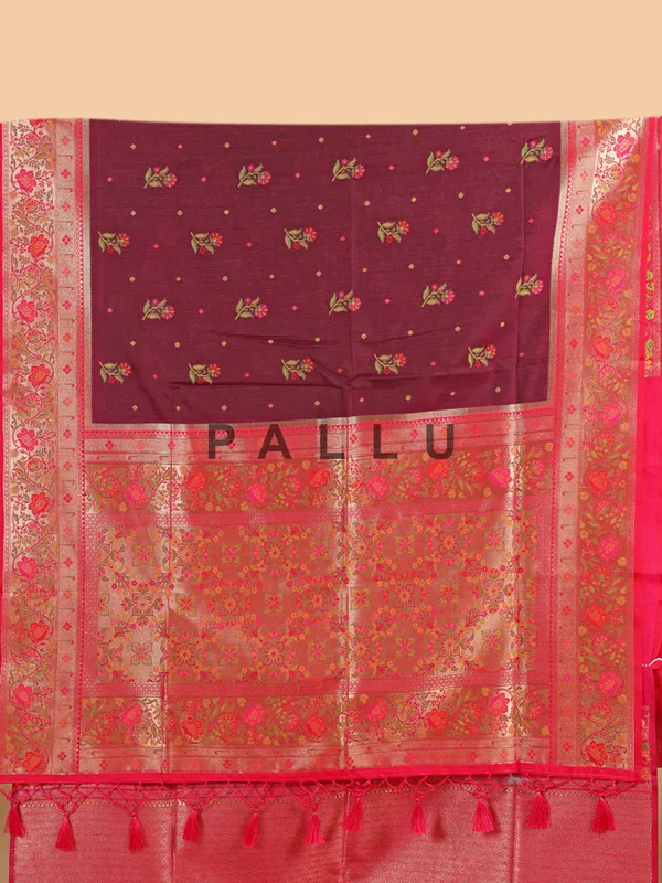 Brown silk saree with red contrast border