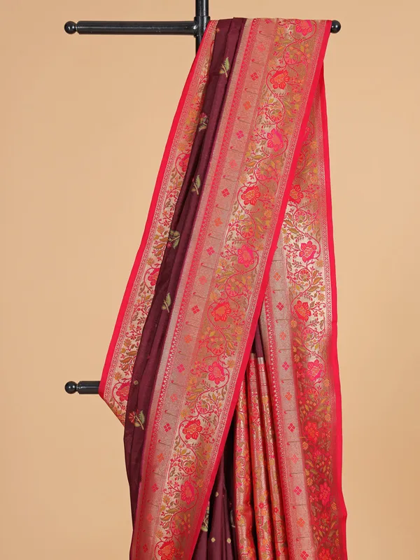 Brown silk saree with red contrast border