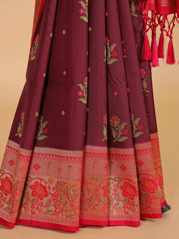 Brown silk saree with red contrast border