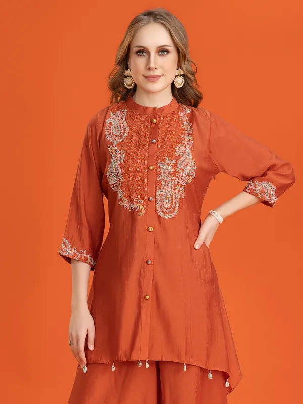 Brown silk sharara with aabla and beads