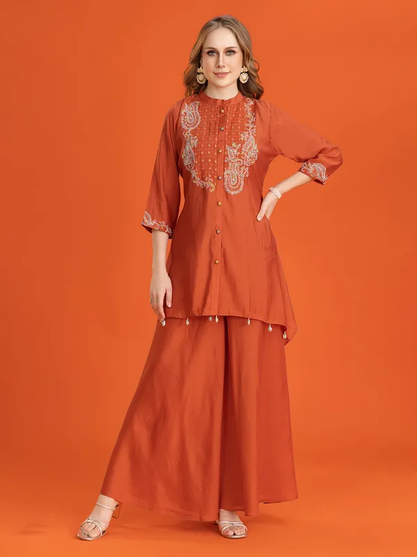Brown silk sharara with aabla and beads