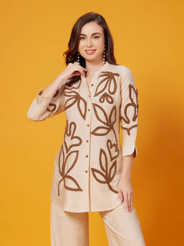 Brown silk thread work palazzo co-ord set