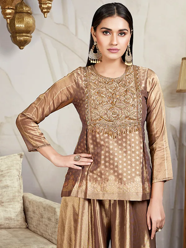 Brown silk zari weaving palazzo suit