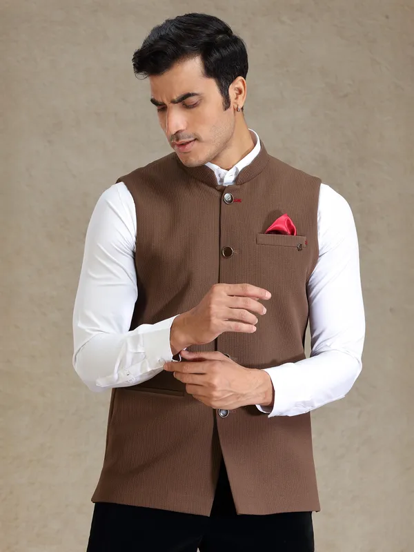 Brown textured mens waistcoat set