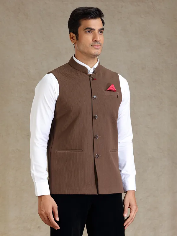 Brown textured mens waistcoat set