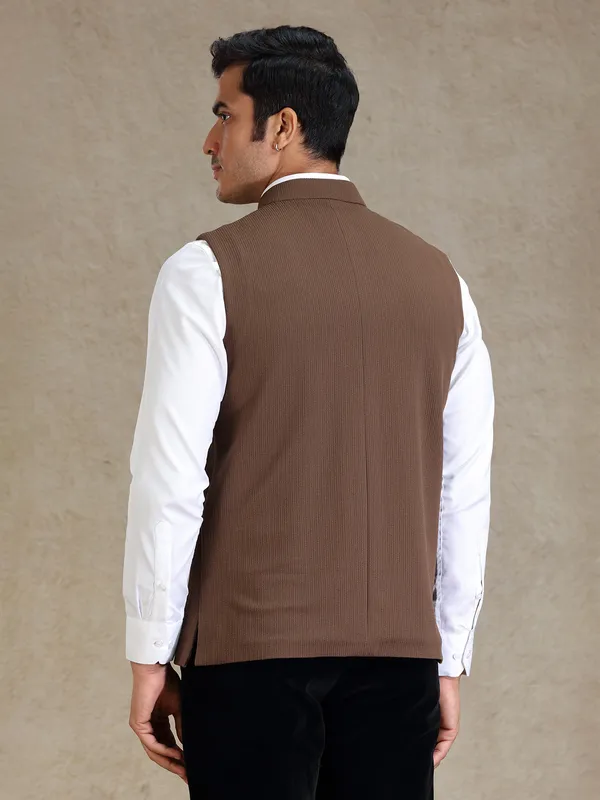 Brown textured mens waistcoat set