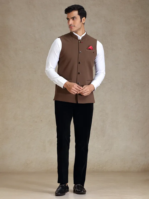 Brown textured mens waistcoat set