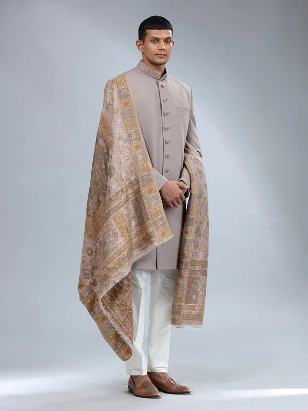 Brown textured terry rayon sherwani for men