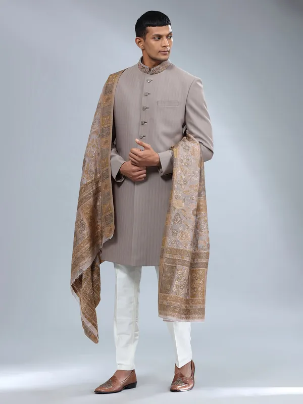 Brown textured terry rayon sherwani for men