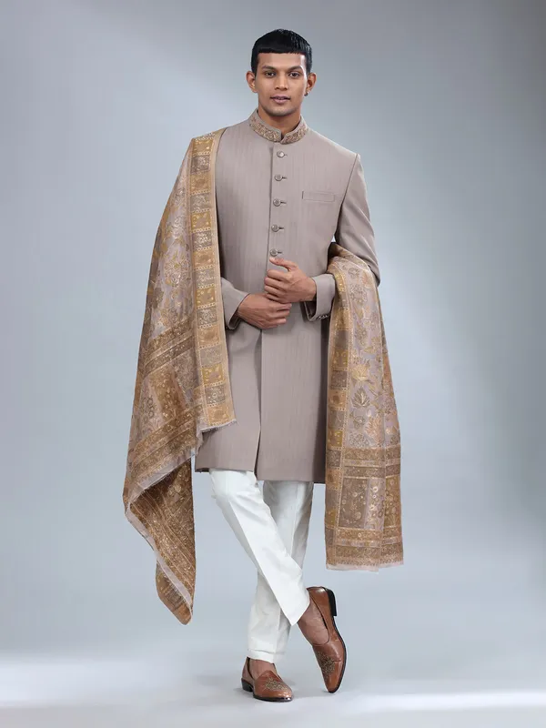 Brown textured terry rayon sherwani for men
