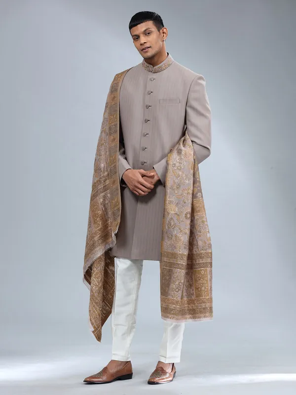 Brown textured terry rayon sherwani for men