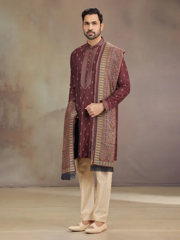Brown wedding wear cotton silk kurta pajama