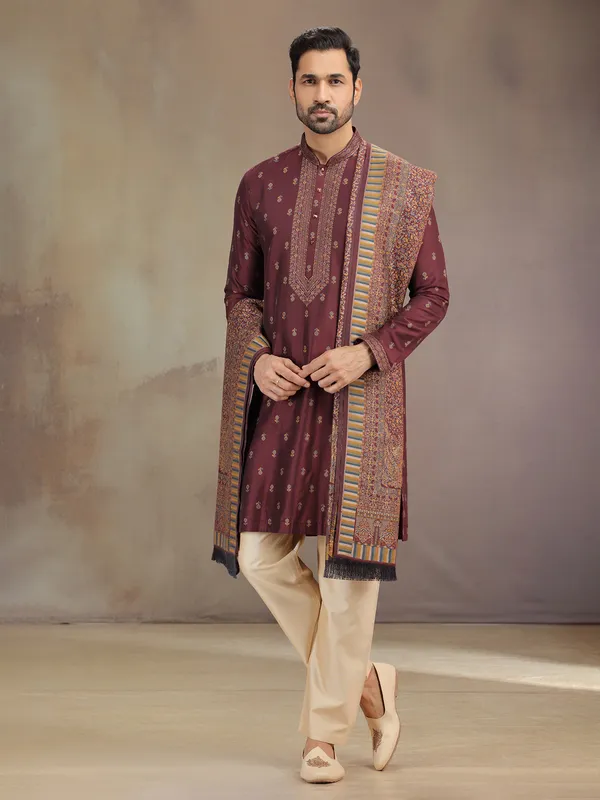 Brown wedding wear cotton silk kurta pajama