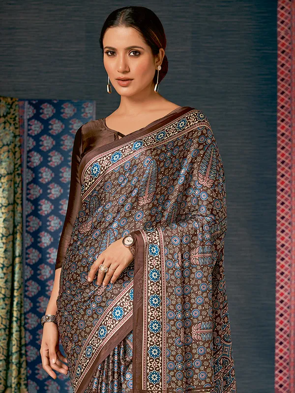 Brwon crepe saree with ajrakh print