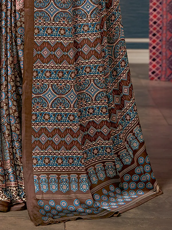 Brwon crepe saree with ajrakh print