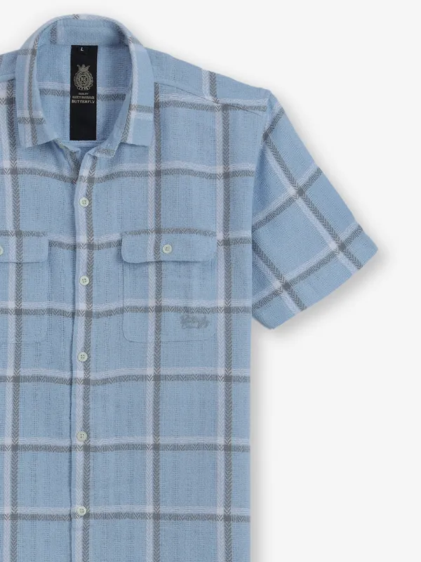 BUTTERFLY checks light blue cotton shirt