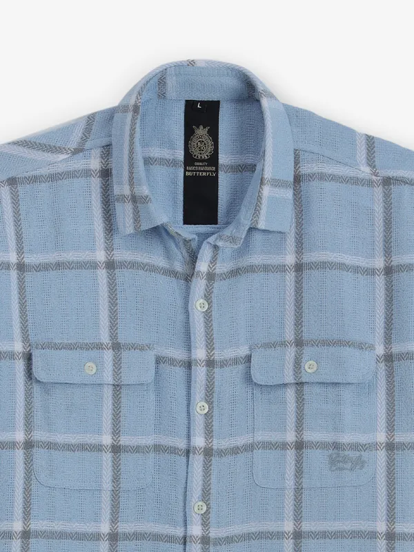 BUTTERFLY checks light blue cotton shirt