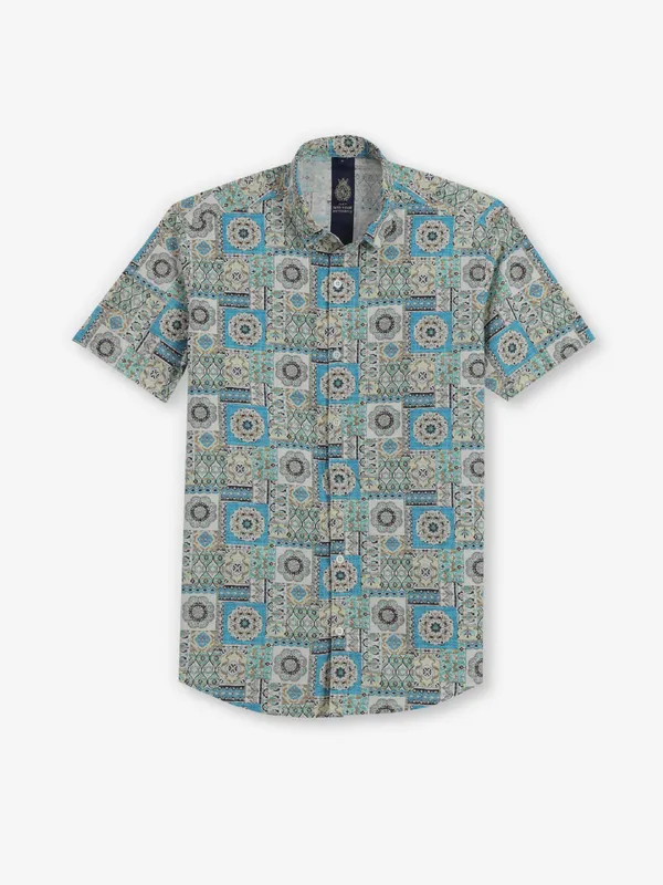 BUTTERFLY printed blue cotton silk shirt