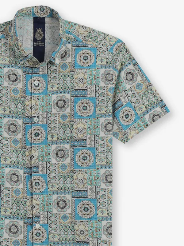 BUTTERFLY printed blue cotton silk shirt