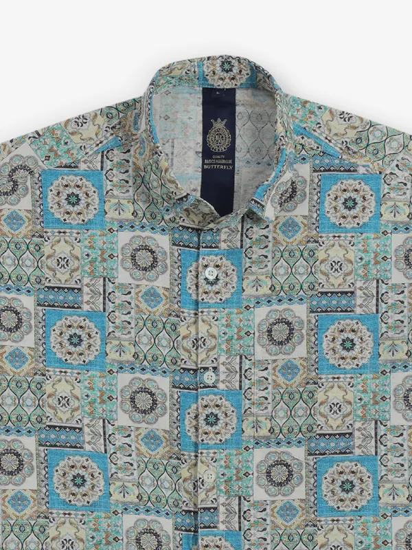 BUTTERFLY printed blue cotton silk shirt