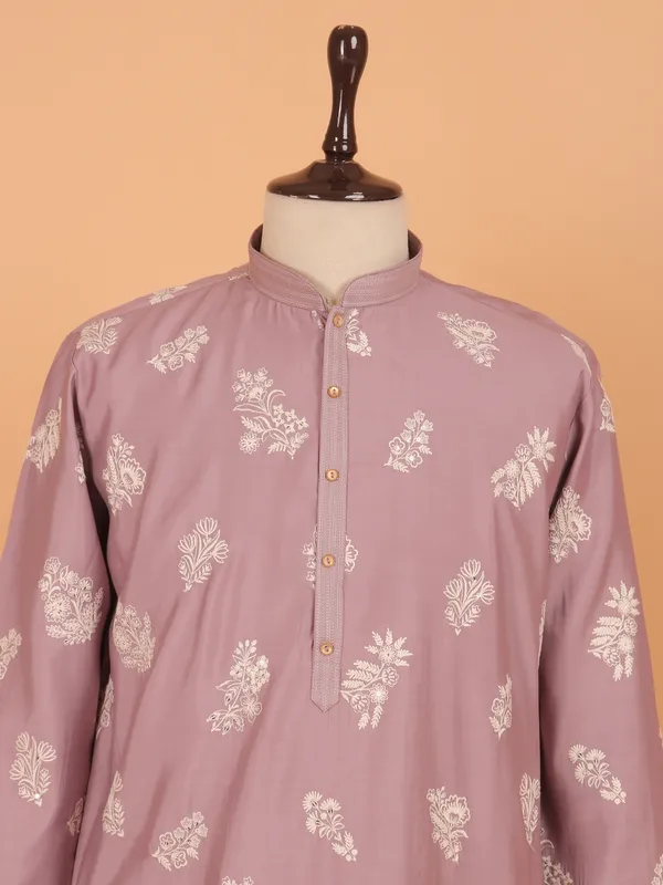 Cameo pink patched embroidery cotton kurta suit for men