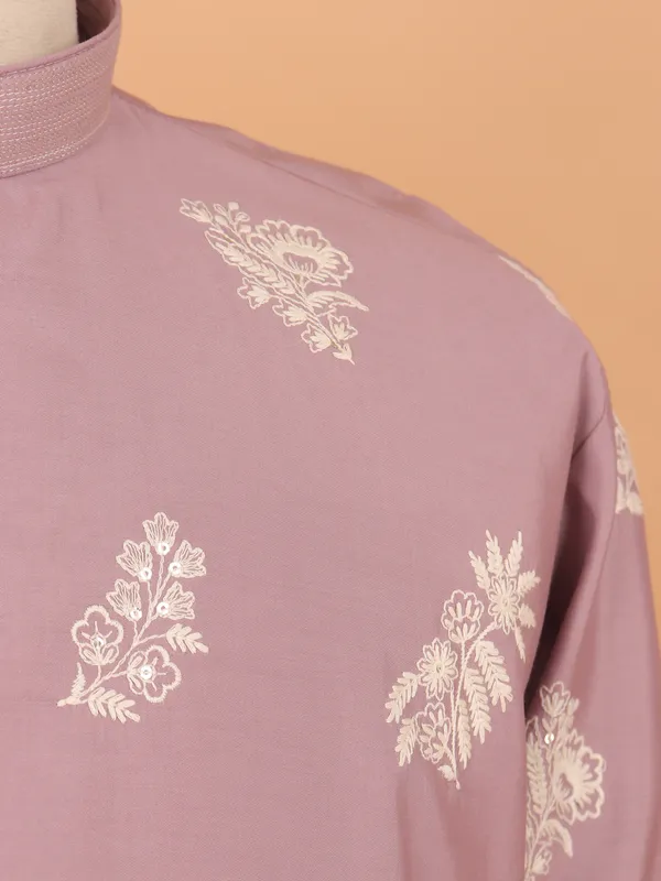 Cameo pink patched embroidery cotton kurta suit for men