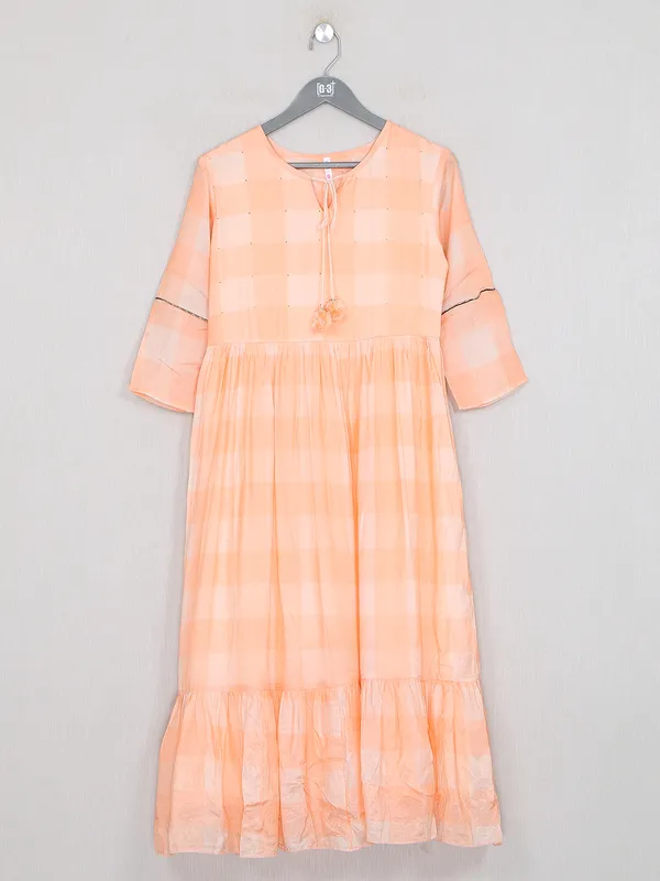 Carrot orange checks cotton dress for casual wear