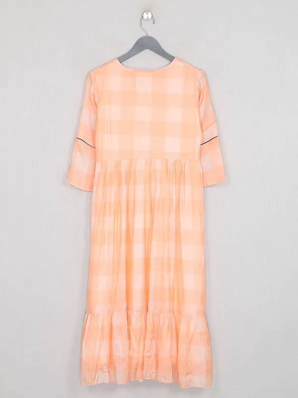 Carrot orange checks cotton dress for casual wear
